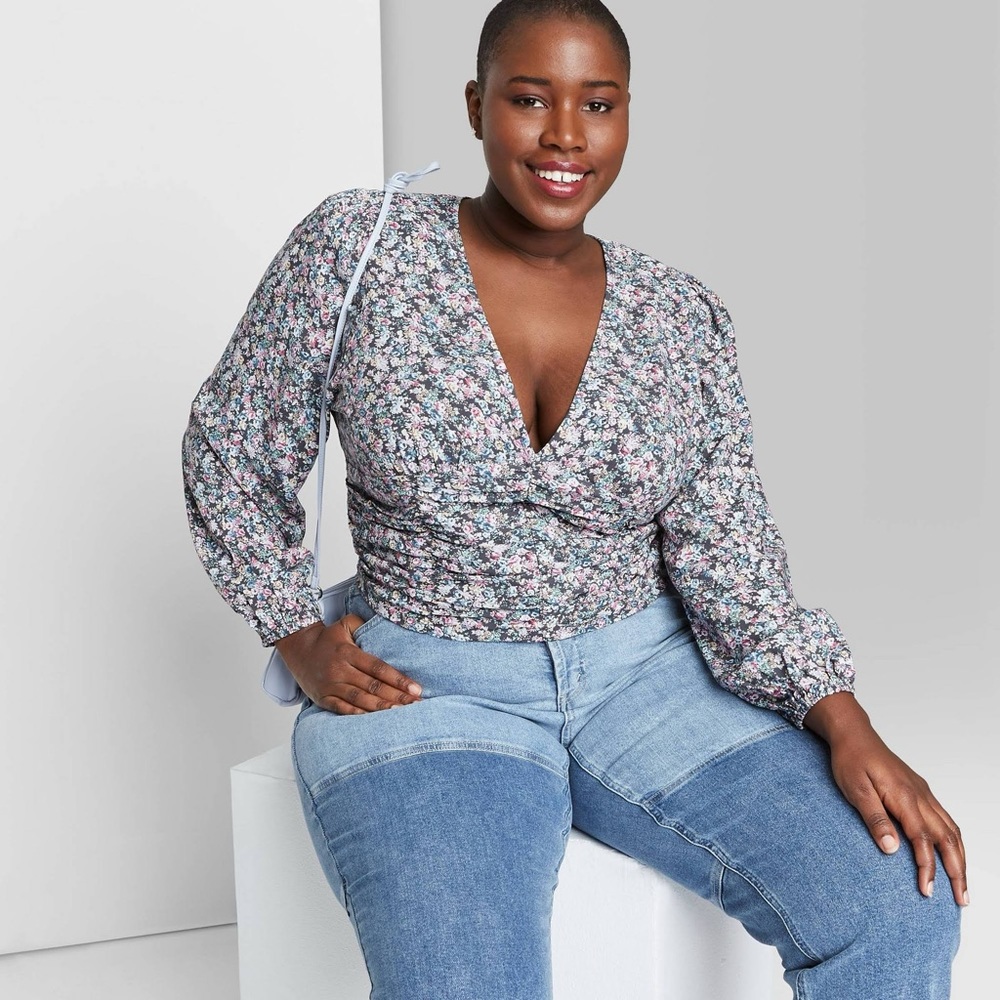 ❤️5/$25 Target Wild Fable Floral Ruched Long Sleeve Peasant Blouse Pink Small